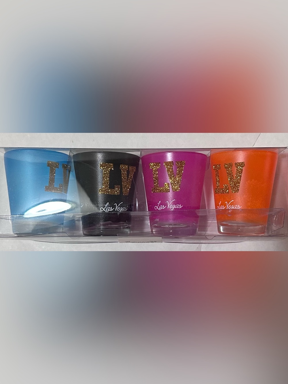 Las Vegas LV Glitter Shot Glass Set - Blue, Black, Pink, Orange